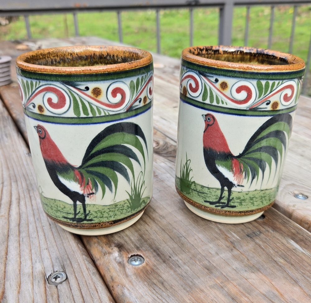 Handpainted Rooster Mexican Pottery Tumber Mug set of 2